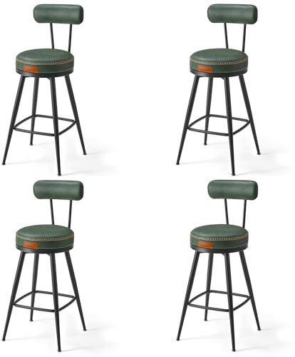 VASAGLE EKHO Colección - Juego de 2 Taburetes de Bar, Sillas Giratorias de Barra con Respaldo, Cuero Sintético con Costuras, Moderno Siglo Medio, Altura 65 cm, Barra Cocina, Verde Bosque LBC089C01