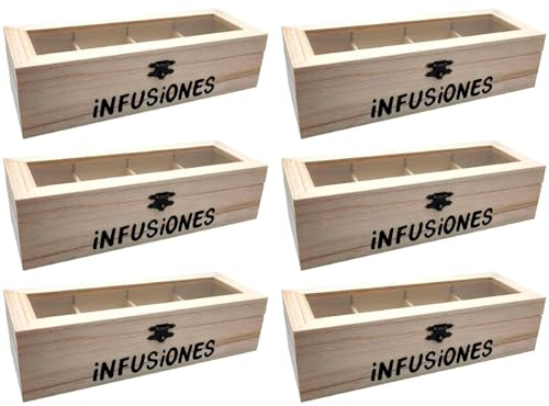 Acan Tradineur - Pack de 6 Cajas de madera Infusiones con tapa de cristal, Caja de almacenamiento decorativa, madera natural, guardar té, manzanilla, manualidades, regalo, 4,8 x 24,7 x 8,8 cm