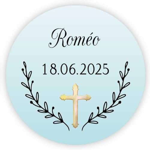MameArt 50stk Aufkleber Personalisiert Taufe, Kreuz 4cm Stickers Taufe Kommunion Feste Geschenke Präsente (Blau)