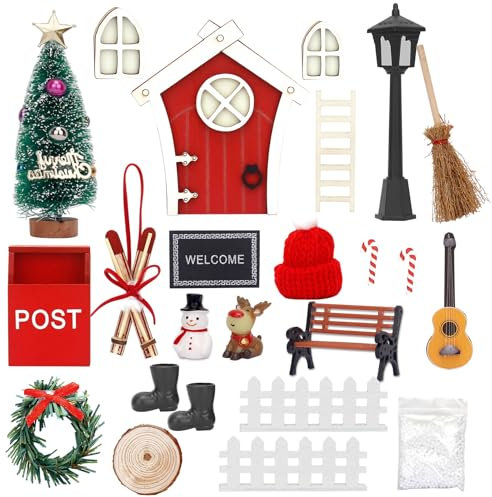 Estefanlo Wichtel Zubehör Weihnachten Set,25PCS Wichteltür Set ,Miniatur Weihnachtswichtel Komplettset Wichtelhaus Wichteltüren Komplett,Wichtel Tür Haus Feentür Figuren,wichtel zubehör Weihnachten