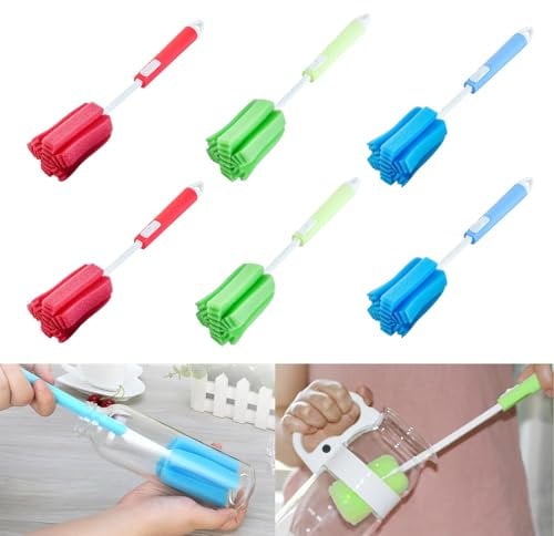 6 Pcs Sponge Brush, Bottle Sponge, Bottle Cleaner Brush, Bottle Brushes, Long Bottle Brush, Sponge Brush with Retractable Handle Cleaning Brushes, for Cups Kettles Thermos Bottles (3 Colors)