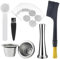 Capsule Cafe Reutilisable Kit Compatibles, Capsules de Café Rechargeables en Acier Inoxydable, 2 Capsules + 100 Autocollants en Aluminium + 1 Pilon + 1 Cuillère + 2 Brosses