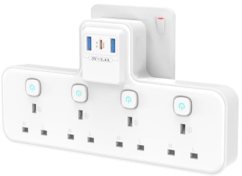 Plug Extension Socket with PD20W USB C Slot, 4 Way Multi Plug Adapter with Independent Switches 3 USB, PASSUS 13A 3250W UK Wall Adaptor Surge Protector for Home, Office, Kitchen, White
