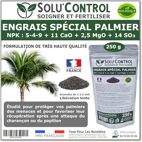 Engrais Spécial Palmier 250 g - SoluControl - Formulation haute qualité Organo-Minerale - Idéal après attaque du charancon rouge ou du papillon du palmier.