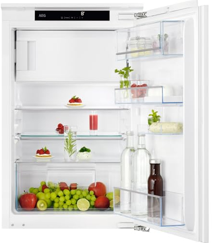 AEG Einbau-Kühlschrank 88cm mit 4-Sterne-Gefrierfach, Serie 5000 OptiSpace: 1x vielfach verstellbare & 1x teilbare Glasablage, großer Kühl- (104L) & Gefrierraum (14L), LCD-Display, Festtür, TSF5O88WDF
