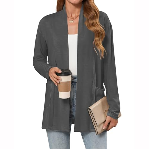 FUPODD Long Cardigan Damen Elegant Strickjacke Damen Lang Mit Taschen Strickjacken Schalkragen Strickmantel Einfarbig Women's Cardigans Casual Damenstrickjacke Leicht Kuschelig Herbstmantel Langarm