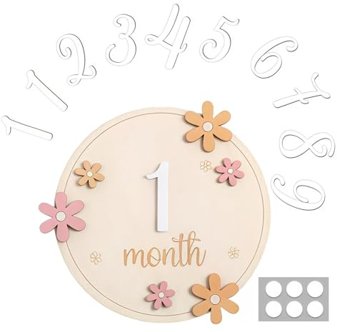 Baby Milestone Cards, Round Baby Monthly Milestone Cards with Glue Points, Wooden Milestone Baby Cards with Replaceable Number, Photo Props for 1-12 Months Shower Growth Recording