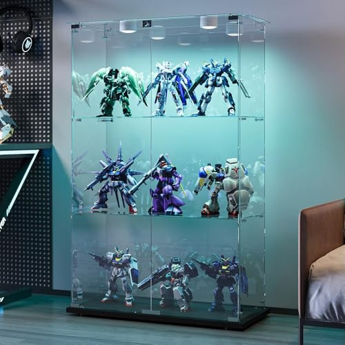 BRILVERDE Vitrine mit 3 Glasablagen, mit LED-Lichtern, Doppeltür mit Schloss, Vitrine für Sammlungen, Bücher, Wein, Büro und Wohnzimmer (Schwarz, 123 x 78 x 35 cm)