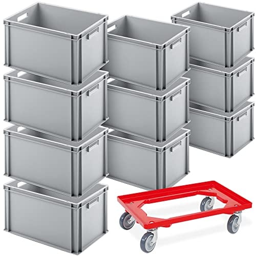 BRB 10er SPAR-Set Euro-Behälter PLUS Transportroller, 600x400x320 mm Industriequalität lebensmittelecht grau