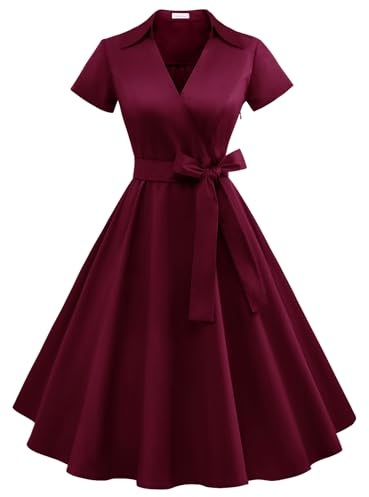Timormode Robe Années 50's Audrey Hepburn Rockabilly Swing,Plissé Robe à Manches Courtes