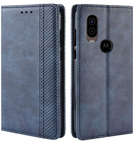 HualuBro Funda Moto One Vision, Carcasa de Protectora Cuero PU Billetera Cartera Plegable Funda [Ranuras de Tarjeta] Flip Leather Case Cover para Motorola Moto One Vision (Azul)