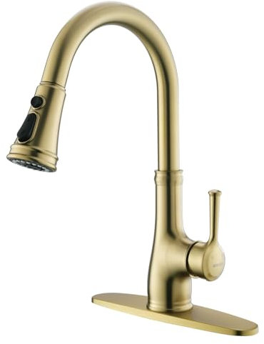 WEWE Vintage Kitchen Faucet with Pull Down Sprayer, Stainless Steel 1 or 3 Hole High Arc Single Handle Antique Sink Faucet for Classic Modern Ktichen, Gold