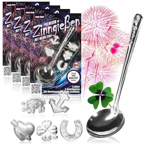 com-four® Zinngießen mit 20 schweren Figuren und 4 Löffel, Silvestergießen das Wahrsagerei-Partyspiel die gesunde Alternative zum Bleigießen - Family Pack (Komfort - 3g - 24-teilig)