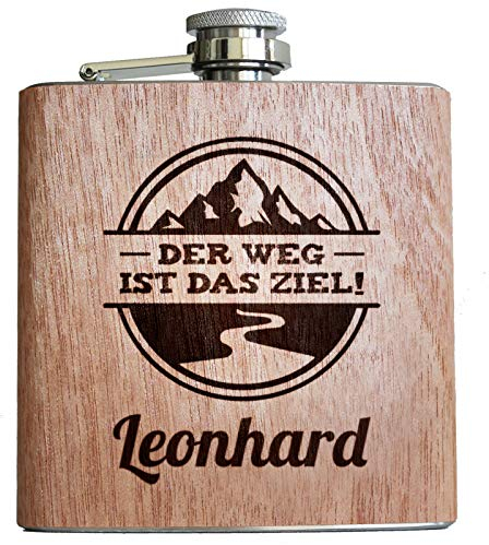 Der Weg ist das Ziel Holz Flachmann mit persönlicher Gravur eigener Name Geschenk Bergsteiger Wandern Klettern Bergtour Berge Bergsteigen Männer Frauen Individuell