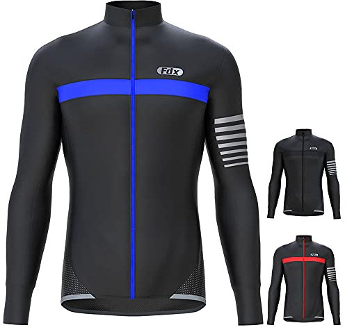 FDX Men’s All Day Cycling Jersey, Thermal, Water Resistant, Super Roubaix Fabric, Lightweight Winter Cycle Top, Long Sleeve Bicycle Riding Shirt with 3 Pockets, Running Sports Clothing (Blue S)
