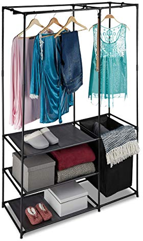 Relaxdays Offener Kleiderschrank, mit Wäschekorb, freistehend, Kleiderständer mit Ablage, HBT 180 x 115 x 50 cm, schwarz