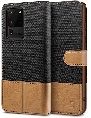 BEZ Cover per Samsung S20 Ultra, Custodia per Portafoglio Samsung Galaxy S20 Ultra 5G Protettiva in Tela e PU Pelle Portafoglio Flip Cover con Chiusura Magnetica, Nero