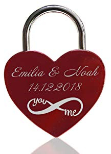 ELUNO Liebesschloss Herzschloss Schloss mit Gravur und Schlüssel I Valentinstags Geschenk für Sie Ihn Hochzeit I incl. Samtbeutel I Motiv Herz 0008 in Rot