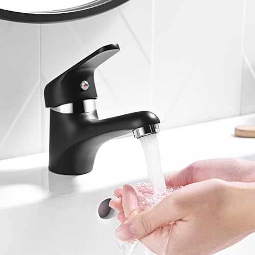 Auralum Schwarz Wasserhahn Bad, Waschtischarmatur ohne Ablaufgarnitur, Messing Einhandmischer Waschbecken Armatur, Klein Mischbatterie für Badezimmer,Gäste WC