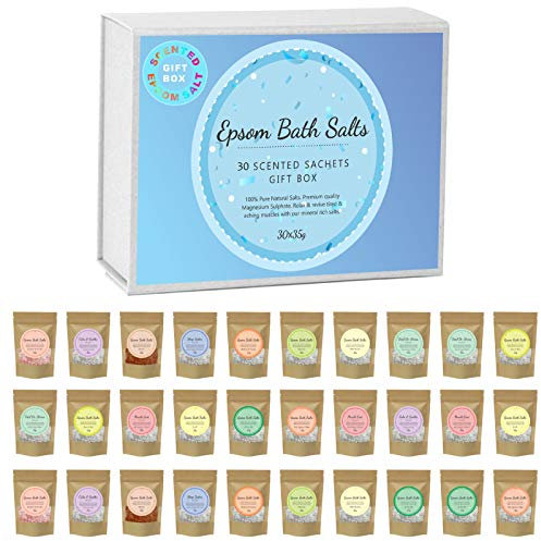 Scented Pure Epsom Salts | Magnesium Sulphate Bath Spa Salt | 30x35G Variety Gift Hamper Box Pack by PSN | Ideal for Relieving Sore Muscles | Reduces Inflammation