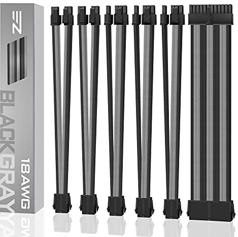 EZDIY-FAB PSU Cable Extension Sleeved Custom Mod GPU PC Power Supply Soft Nylon Braided with Comb Kit 24PIN/3x 8PIN to 6+2Pin/ 2X 8PIN to 4+4PIN-300MM/11.8in -Black and Gray