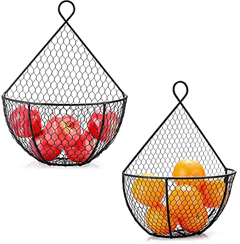 IGNPION Set of 2 Wall Mounted Fruit Holder Basket Hanging Display Fruit Basket Fruit Storage Stand Rack Decorative Fruit Vegetable Snacks Bread Holder Bowls, Black