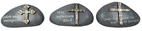 CHICCIE 3 Set Grabschmuck Stein Kreuz Grau 15cm - Grabdeko Dekoration Grab