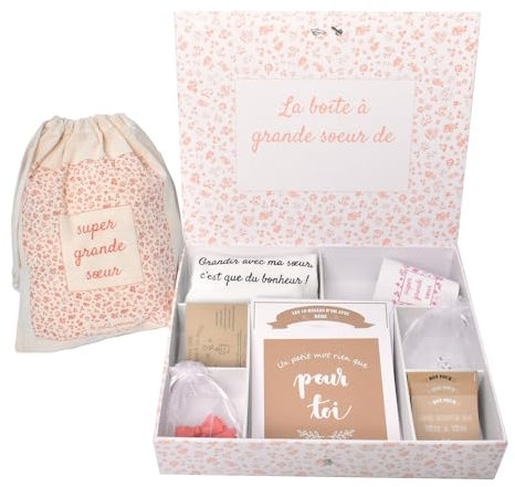 Boite de super grande soeur avec ses cadeaux : pochon, bracelet, graines, bavoir, 10 règles d'or, carte, bons pour...
