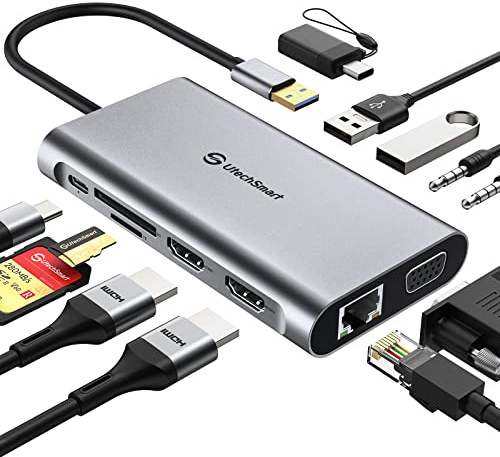 UtechSmart - Docking station USB 11 in 1 con triplo display, USB 3.0, docking station per laptop con doppia HDMI, VGA, PD, Ethernet, SD/TF, USB 3.0, microfono/audio, compatibile con MacBook M1, Dell