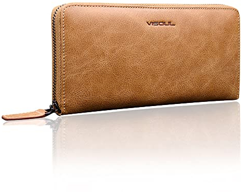 VISOUL Premium Brieftasche Echtleder Italienisches Leder mit RFID Schutz, XL Geldbörse für Herren Damen L02 Khaki
