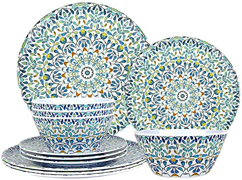Aclema Melamine Dinnerware Sets 12 Pcs Dish Set Plates Bowls Unbreakable for Kitchen Dinner Outdoor Indoor Service for 4 Vintage