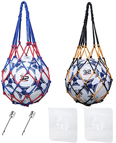 NINVVS 2 Pieces of Ball net Bag, with 2 Pieces of Ball Pump Needle and 2 Pieces of Hook, Portable Braided Rope Bag for Ball, Ball Braided Rope net Bag, Large Rope Tennis Bag Ball Bag
