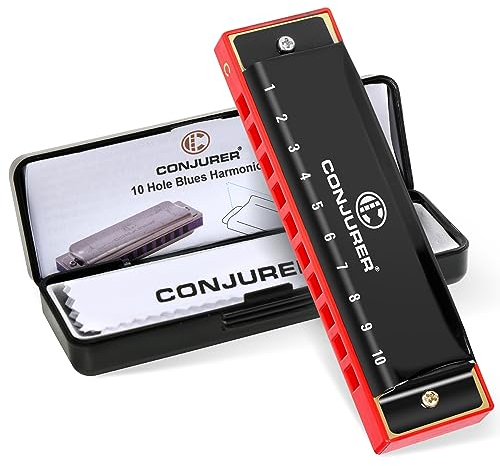 CONJURER Blues Mundharmonika für Anfänger Erwachsene 10 Loch diatonische Mundharmonika C Tonart Messing Mundorgel C Key Blues Harp mit Etui Schwarz