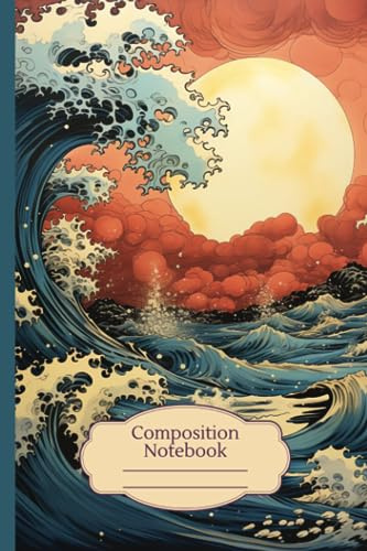 Composition Notebook: Moon and Wave Journal Notebook , Japanese Inspired Aesthetic, 6 x 9 , 112 Pages, College Ruled