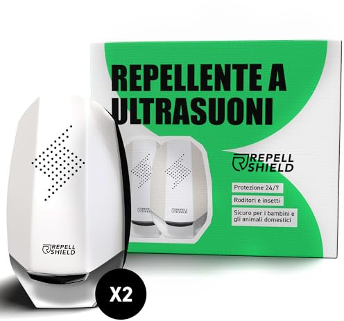 RepellShield Repellente Ultrasuoni per Topi da Esterno e Interno x2- Repellente per Animali Infestanti a Ultrasuoni - Protezione 24/7 per 120m² - Dissuasore Multiuso Contro Ratti, Topi, Talpe, Martore