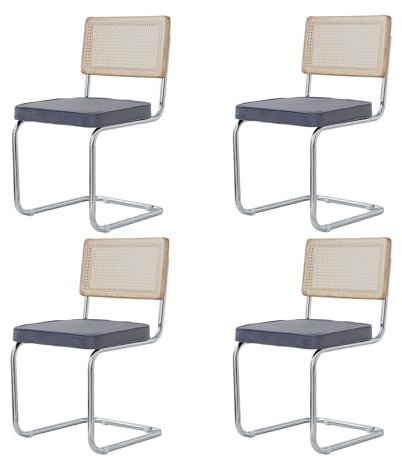 BenyLed Lot de 4 Chaises de Salle à Manger en Velours avec Pieds en Métal Chromé ; Chaises de Cuisine Modernes avec Dossier en Bois Massif de Rotin (Gris- Velours hollandais)