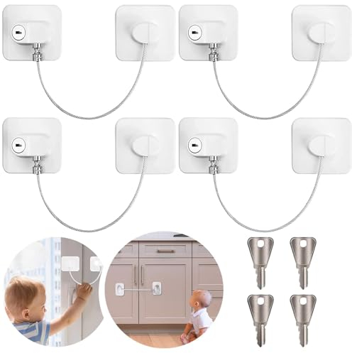 Funmo 4PCS Cerradura para Puerta de Frigorífico,Seguridad Ventanas Niños,Cerradura Nevera con 4 Llaves Candado Nevera Autoadhesiva, Armario Puertas Ventanas Frigorífico, Blanco