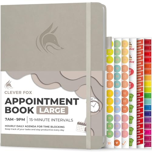 Clever Fox Appointment Book, 15-Minute Daily Planner, Undated Foggy Alps | Large 21x28 cm, 15 minute increments, Hardcover ourly book with time slots for women & men, Weekly pages & monthly calendars