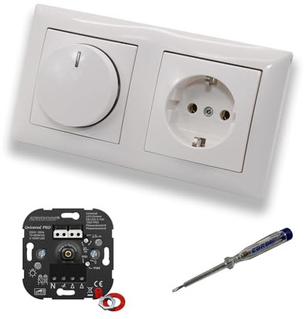 EBROM 1002 Universal PRO LED Drehdimmer Dimmer + Busch Jäger Dimmerscheibe 2115-914 und Steckdose mit Kinderschutz 20EUCKS-914 in Balance Si alpinweiß glänzend + EBROM Phasenprüfer z. Montage d.Geräte