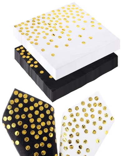Abeillo, 40er-Pack schwarz-goldene Servietten – 16,5 cm Einweg-Gästeservietten, Cocktail-Papierservietten mit goldenen Punkten, schwarz-weiße Servietten für Hochzeit, Babyparty und Geburtstagsfeier