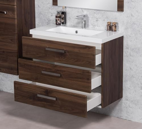 Quentis Badmöbel Genua, Breite 80 cm, Waschplatzset 2-teilig - Waschbecken mit Waschbeckenunterbau (montiert) (Nussbaum, 3 Schubladen)
