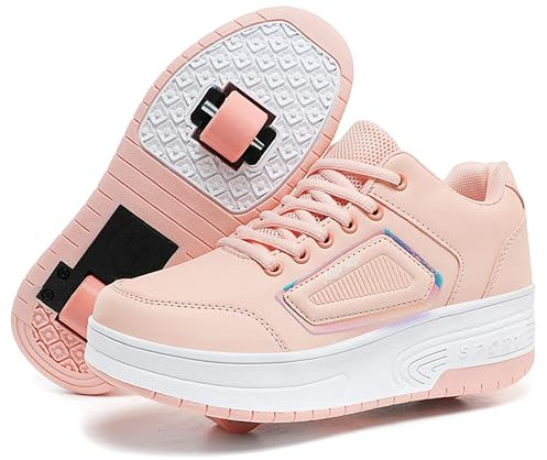 Skridsko Rollschuhe Schuhe für Jungen & Mädchen, Turnschuhe mit Rollen für Kinder, Sneaker mit Verstellbar Räder, Skateboardschuhe für Ostern Geburtstag Weihnachten, Rosa 31EU