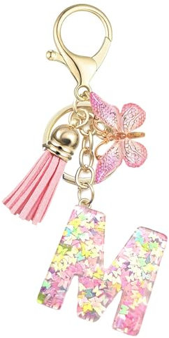 Baofuwan Schlüsselanhänger mädchen Frauen Buchstabe Schlüsselanhänger key chain mit Anfangsbuchstaben Schmetterling Quaste Rosa Blau Golden für Geldbeutel Handtaschen Schultasche