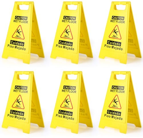 WOUSEDO Schild mit Aufschrift Caution Wet Floor, 44,5 cm hoch, hellgelb, doppelseitig, faltbar, A-förmig, Rahmen-Design, zweisprachige Warnmeldung, 6 Stück