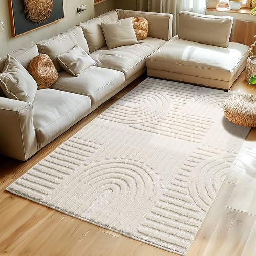 Hochflor Teppich Wohnzimmer Küchenteppich Schlafzimmer Läufer Flur Skandi Boho Teppich 3D Design Flauschig Weich, Größe: 200 x 290 cm Farbe: Creme