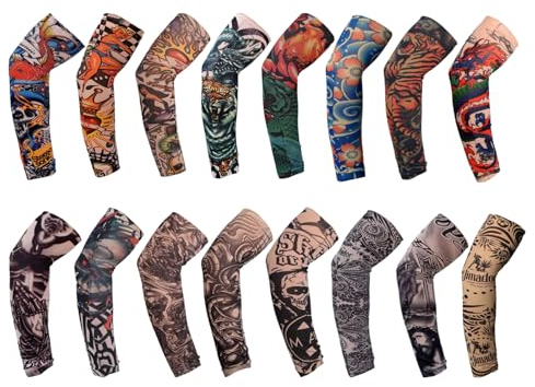 TSHAOUN 16 Pièces Manches de Tatouage, Couvre-manches pour Tatouages de Bras pour Hommes Femmes, Tatouage Temporaire Manchettes de Bras Faux Tatouage Tatoo pour Fête, Halloween, Carnaval (16PCS)