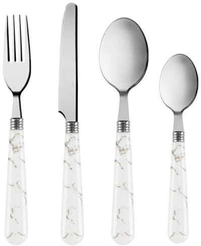 FAHAAM Pack of 16 Marble Cutlery Set, Stainless Steel Cutlery Set with Marble Design, Flatware Set, Dinner Sets, Tableware Silverware Set, 4 Dinner Forks, 4 Dinner Knives, 4 Tea Spoon, 4 Table Spoons.