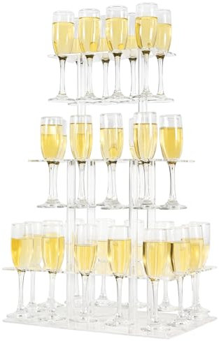Laumffon Champagne Tower, Rectangle Acrylic Champagne Display Rack Stand with 32 Slots, 3 Tier Floating Sight Champagne Flute Holder for Party, Wedding, School, Celebration, 17.3x11.8x25.5inch