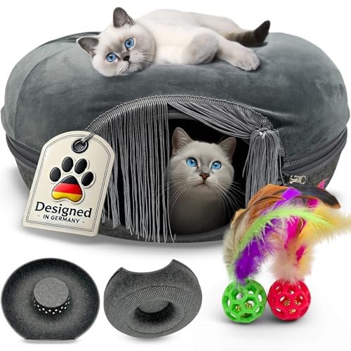 Fellisimo® Katzen Donut mit Flauschigen Kuschelbett | Anti-Slip Unterfläche | Atmungsaktiv | Katzentunnel aus Filz mit waschbaren Kissen Bezug | Katzenhöhle