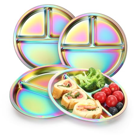 AIEVE Stainless Steel Kids Plates, 4 Pack Round Divided Toddler Plates, Portion Control Plate 9 Inch